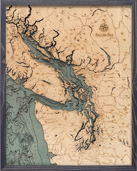 Salish Sea Nautical Topographic Art: Bathymetric Real Wood Decorative Chart