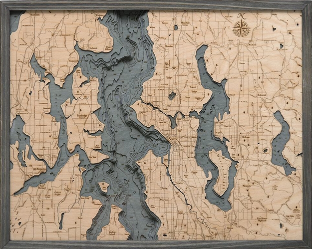 Seattle Nautical Topographic Art: Bathymetric Real Wood Decorative Chart | Driftwood Grey Frame