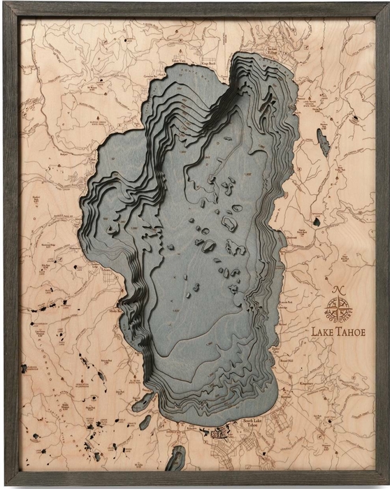 Lake Tahoe wood nautical chart map | Driftwood Grey Frame