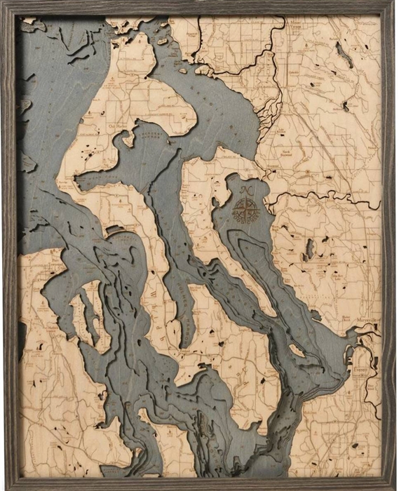Whidbey & Camano Islands Nautical Topographic Art: Bathymetric Real Wood Decorative Chart | Driftwood Grey