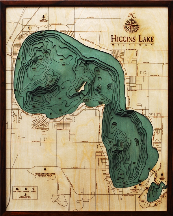 3D Higgins Lake Nautical Real Wood Map Depth Decorative Chart