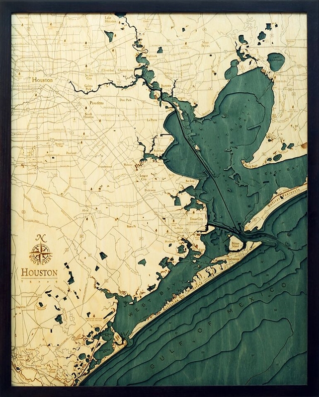 Houston and Galveston Nautical Topographic Art: Bathymetric Real Wood Decorative Chart