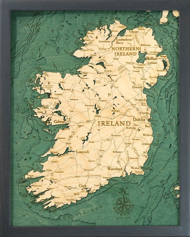 Ireland Nautical Topographic Art: Bathymetric Real Wood Decorative Chart