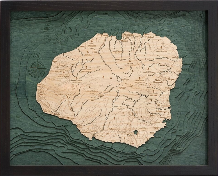 Kauai Hawaii Nautical Topographic Art: Bathymetric Real Wood Decorative Chart