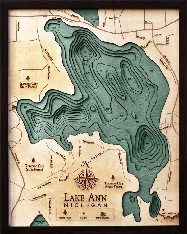 3D Lake Ann Nautical Real Wood Map Depth Decorative Chart
