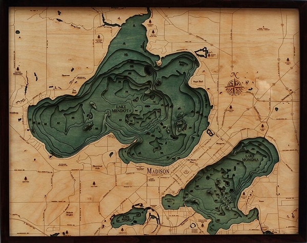 3D Mendota and Monona Nautical Real Wood Map Depth Decorative Chart