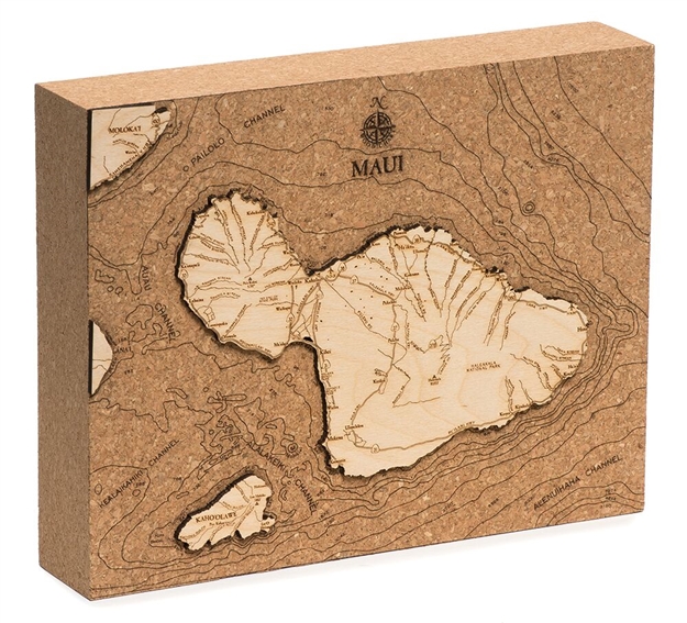 Island of Maui Cork Map Nautical Topographic Art