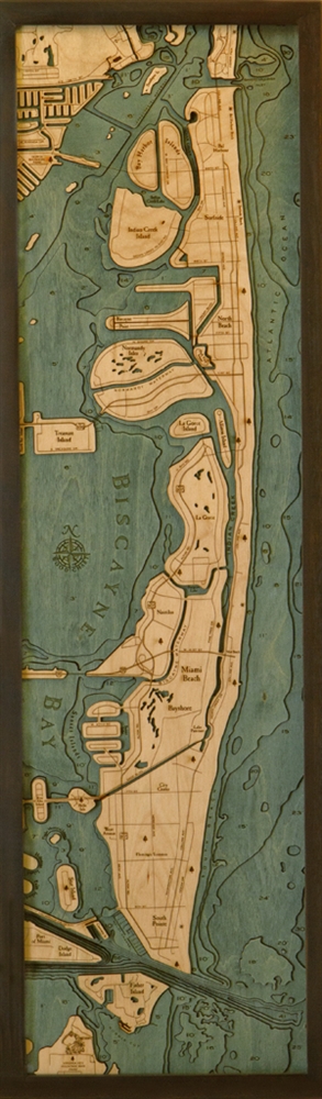 Miami Beach Nautical Topographic Art: Bathymetric Real Wood Decorative Chart
