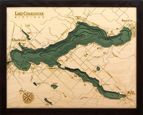 3D Lake Charlevoix Nautical Real Wood Map Depth Decorative Chart