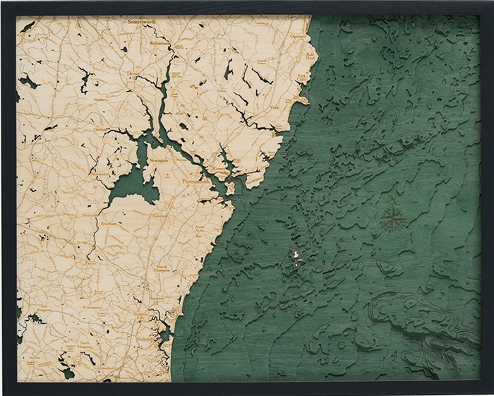 Portsmouth, NH Nautical Topographic Art: Bathymetric Real Wood Decorative Chart