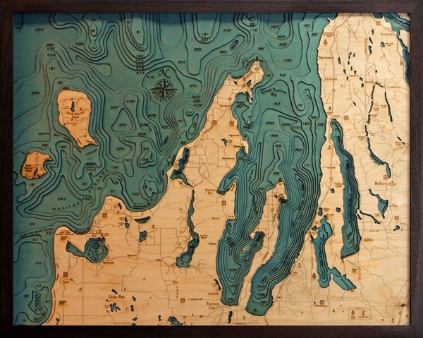 3D Grand Traverse Bay Nautical Real Wood Map Depth Decorative Chart