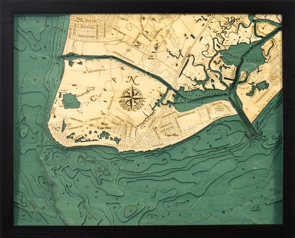 Cape May Nautical Topographic Art: Bathymetric Real Wood Decorative Chart