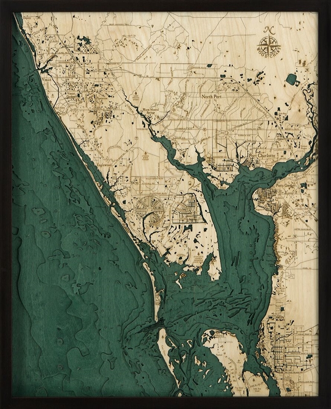 Charlotte Harbor Nautical Topographic Art: Bathymetric Real Wood Decorative Chart
