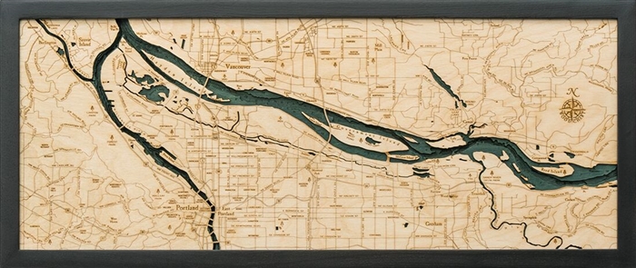 Portland, Oregon Nautical Topographic Art: Bathymetric Real Wood Decorative Chart
