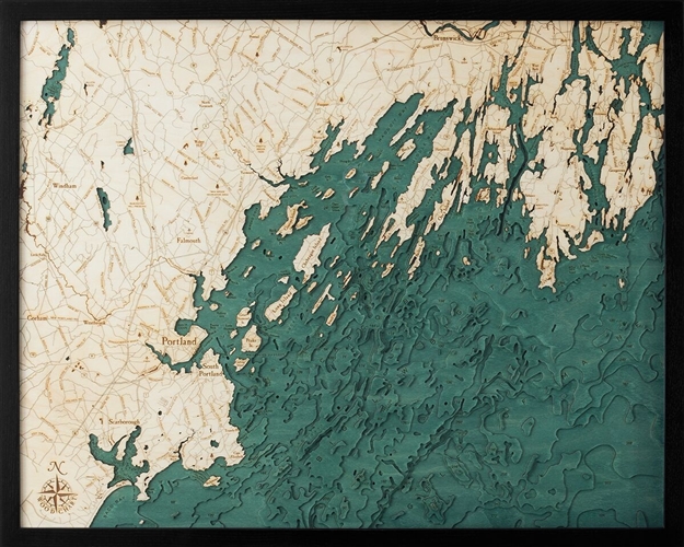 Portland Maine Nautical Topographic Art: Bathymetric Real Wood Decorative Chart