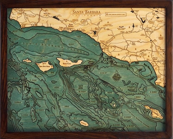 3D Santa Barbara and the Channel Islands 3D Nautical Real Wood Map Depth Decorative Chart