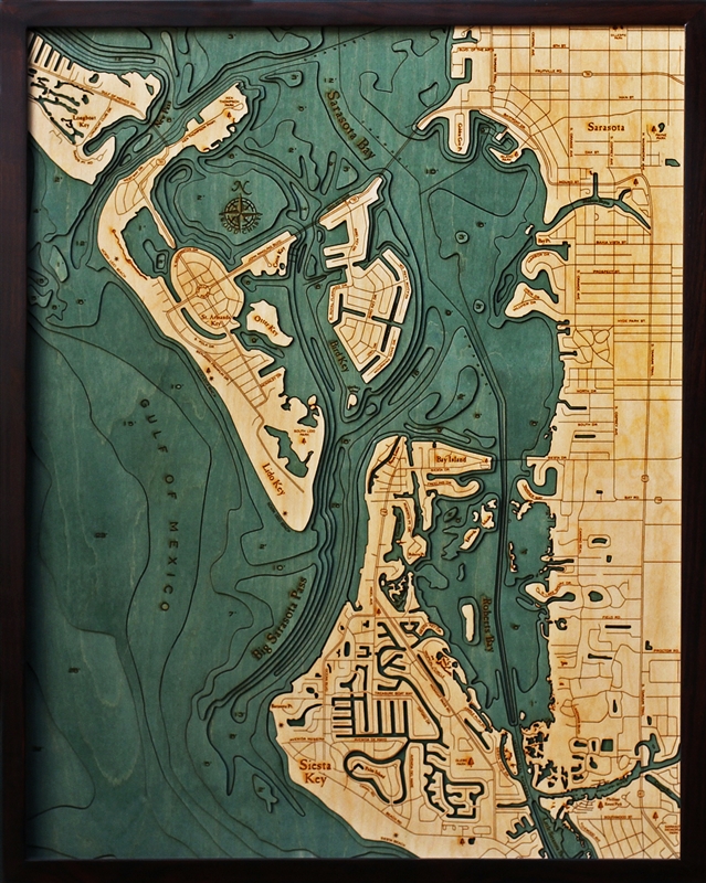 Siesta Key Nautical Topographic Art: Bathymetric Real Wood Decorative Chart