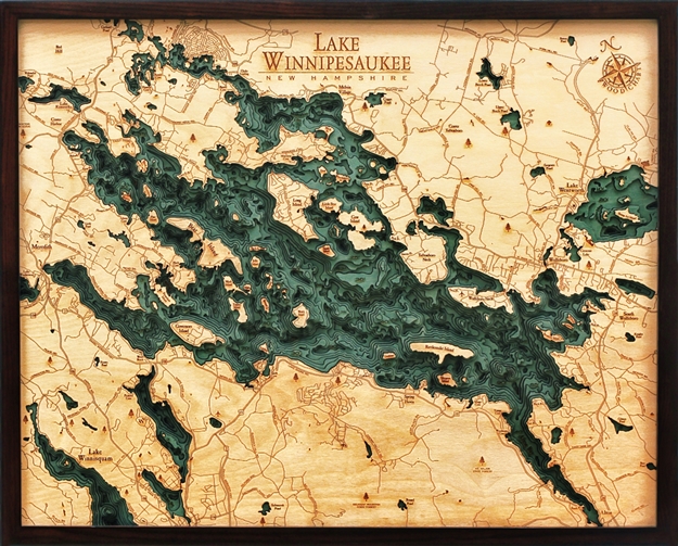 3D Lake Winnipesaukee Nautical Real Wood Map Depth Decorative Chart