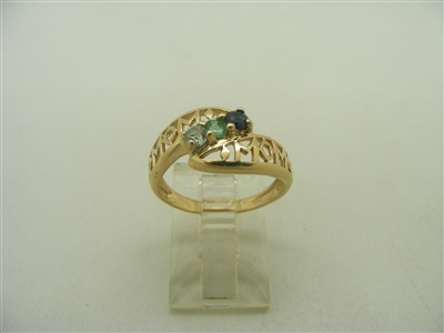 14k yellow gold aqua marine, blue sapphire, and emerald