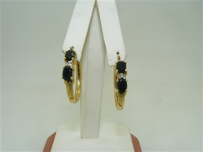 14k Yellow Gold Dark Blue Sapphire Diamond Hoop Earrings