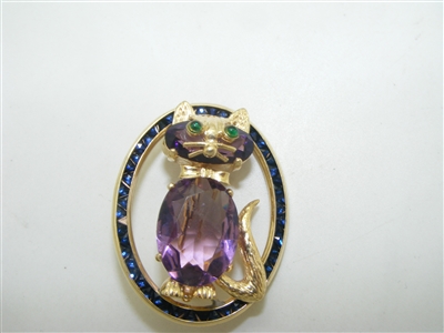 Beautiful Amethyst, Emerald and Blue sapphire cat pin