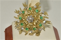 Amazing 14k Yellow Gold Diamond And Emerald Pin/Brooch