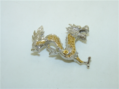 Chinese Dragon 18k White Gold Pin & Pendant with Yellow Diamonds