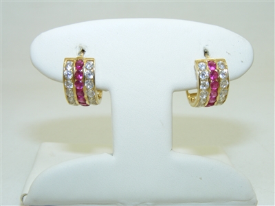 14k yellow Gold Red And White Cubic Zircon Hoops