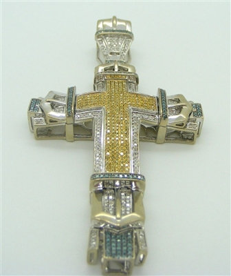 10K WHITE GOLD CROSS PENDANT WITH YELLOW BLUE AND WHITE DIAMONDS