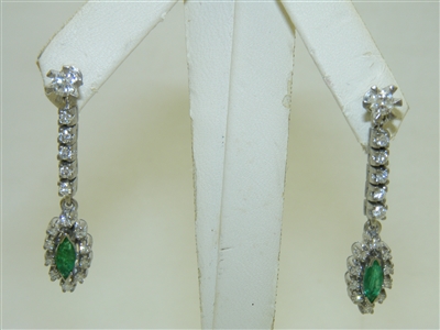 Vintage 18k White Gold Emerald and Diamond Earrings