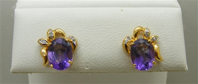 Oval Amethyst Diamond 14 K Yellow Gold Earrings