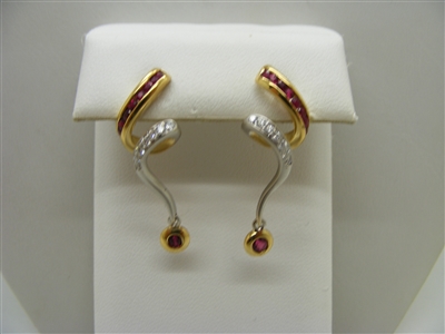 18 K Two tone Diamond and Natural Ruby Hanging Earrings