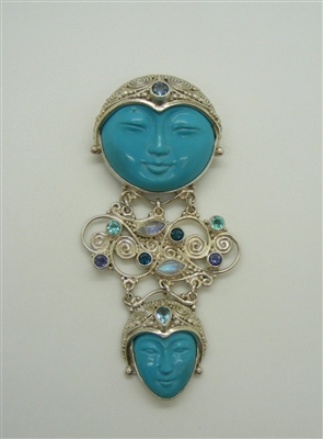 Multi-Colored Gemstone, With Face Carved Turquoise Stones (Pin/Pendant) 925