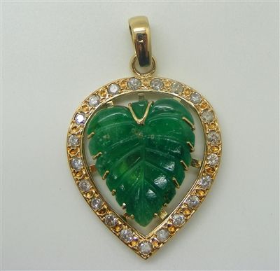 Leaf Like Carved Colombian Emerald and Diamond Pendant. (Rare)