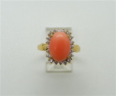 Ladies 18k Yellow Gold Coral Cuban Zircon Ring