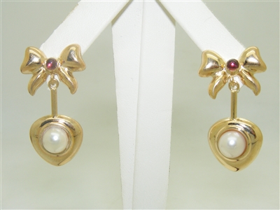 14k Yellow Gold Pearl & Garnet Hanging Earring