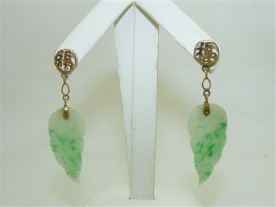 14k Yellow Gold Natural Green Jade Feather Earring