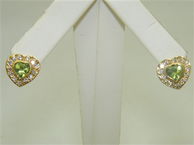 18k Yellow Gold Diamond And Peridot Heart Earrings
