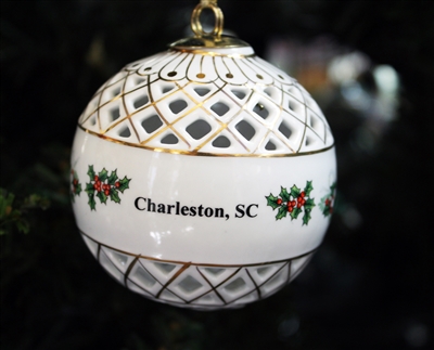 Diamond Cut Holly Ceramic Charleston Ornament
