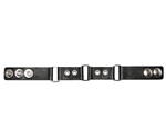 Black deerskin leather bracelet, four sections attached by nickel plated rectangles, embellished with nickel silver eyelets