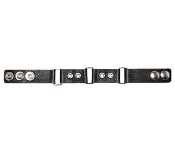 Black deerskin leather bracelet, four sections attached by nickel plated rectangles, embellished with nickel silver eyelets