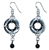 Cool black rubber o-ring encased with silver nickel ring earrings with hanging black bead, sterling silver ear wires