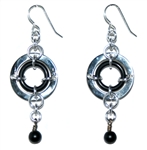 Cool black rubber o-ring encased with silver nickel ring earrings with hanging black bead, sterling silver ear wires