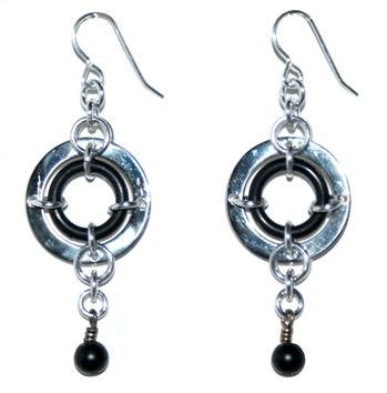 Cool black rubber o-ring encased with silver nickel ring earrings with hanging black bead, sterling silver ear wires