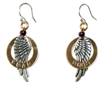 Earrings with brass ring encircling beautifully detailed silver wing, stamped "SOAR", purple beads accent playful earrings, sterling silver ear wires