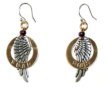 Earrings with brass ring encircling beautifully detailed silver wing, stamped "SOAR", purple beads accent playful earrings, sterling silver ear wires