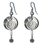 Spiral earrings feature silver nickel domed disc, antiqued with patina, hanging hand formed wire spiral, natural stone gem suspended from silver chain, sterling silver ear wires