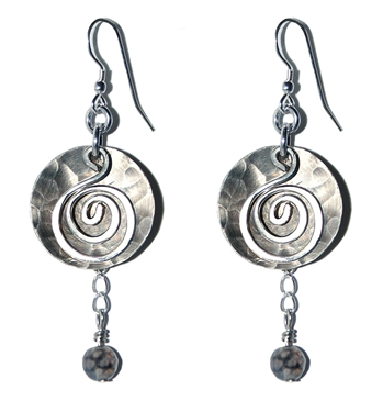 Spiral earrings feature silver nickel domed disc, antiqued with patina, hanging hand formed wire spiral, natural stone gem suspended from silver chain, sterling silver ear wires