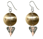 Earrings, Domed Brass disc imprinted with "N E S W", hanging silver nickel triangular piece with copper arrow, sterling silver earring wires