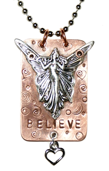 Necklace, rectangle copper back imprinted with beautiful details, silver nickel angel figure, hanging heart